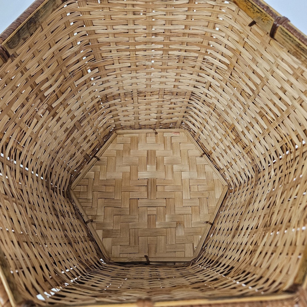 Vintage Tortoiseshell Bamboo Basket Planter Wastepaper Trash Can Boho MCM Rattan - Picture 9 of 10